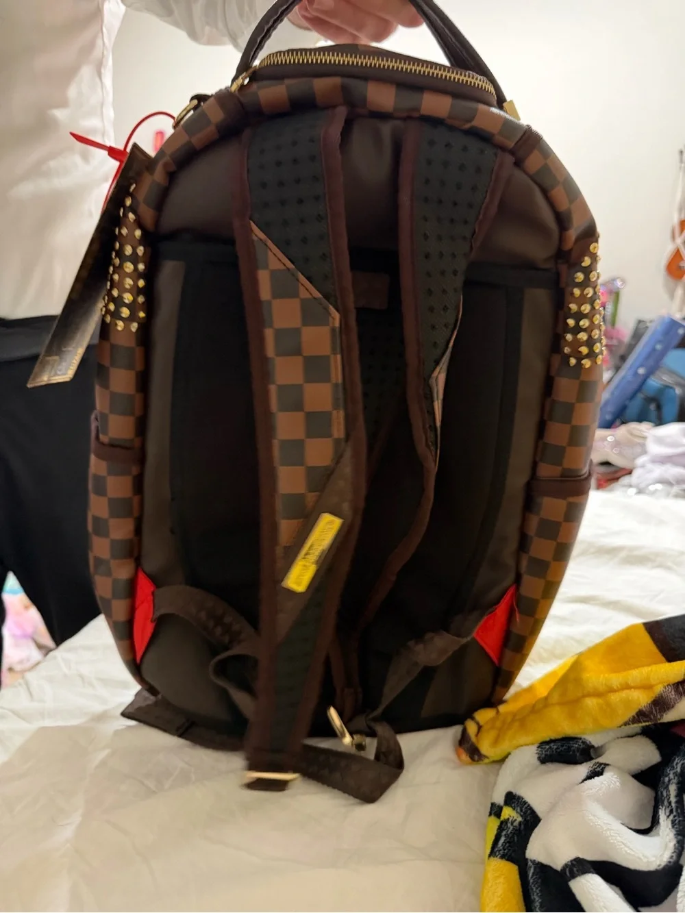Brand new Sprayground Brown Checkered Backpack with Gold Stud Accents